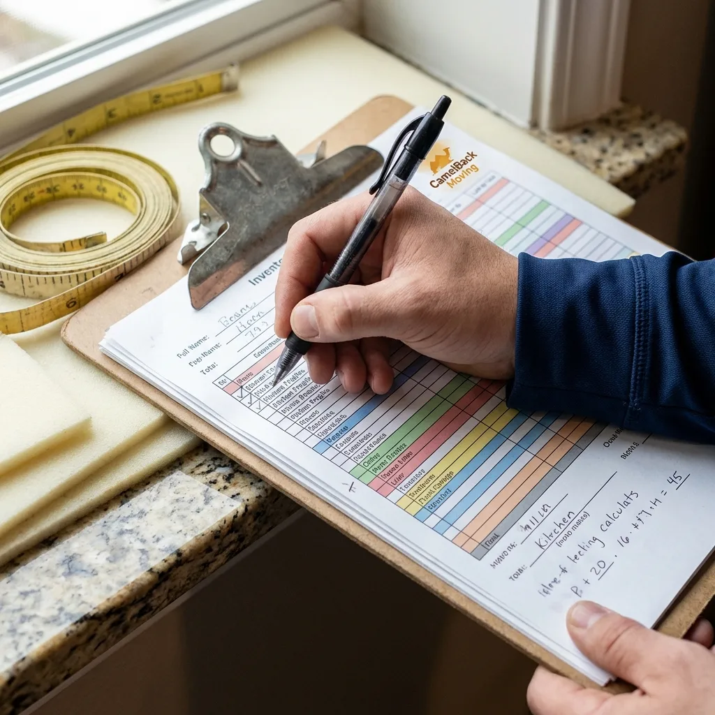 Close-up of professional moving clipboard showing color-coded floor plan and inventory checklist. CamelBack logo watermarked top right.