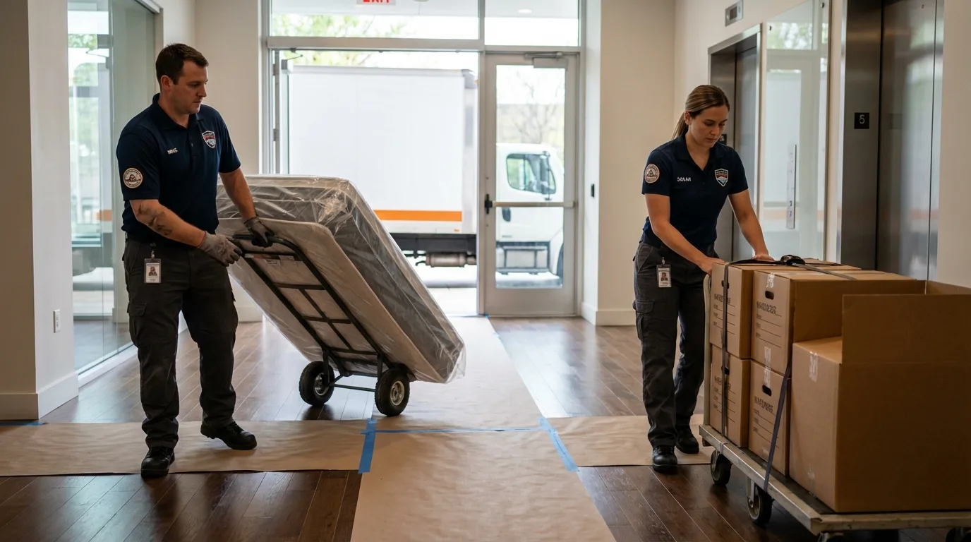 Professional apartment movers loading elevator in Iola, KS