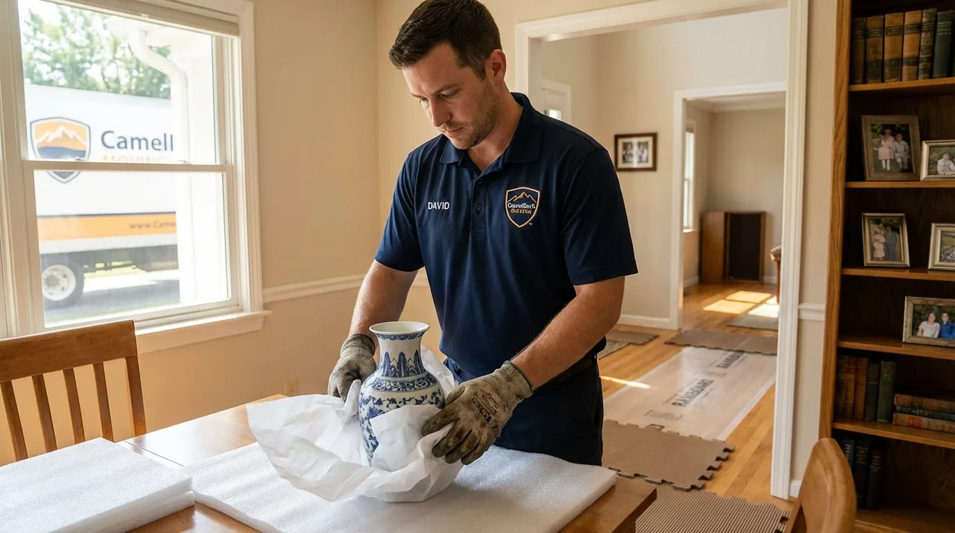 Professional crew carefully wrapping antique vase for senior downsizing move in Iola, KS